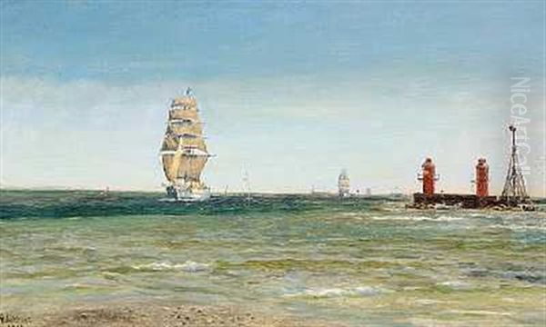 Marine Med Sejlskibe Ud For Et Havnelob - view 1