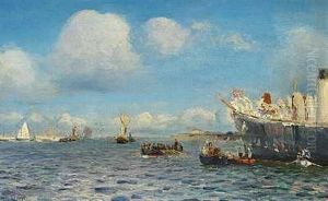 Sommerdag Pa Havet, I Forgrunden Et Russisk Orlogsskib