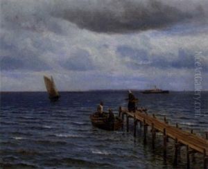 Badebro Med En Kone Og To Fiskere I En Jolle Badebro Med En Kone Og To Fiskere I En Jolle