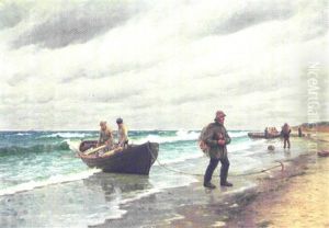 Fangsten Landes, Kystparti Med Optrukne Joller Og Fiskere by Holger Luebbers