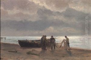 Fischer Mit Netz Und Boot Am Morgendlichen Strand