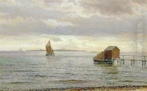 Dansk Kystparti Med Badehus Og Sejlskibe by Holger Luebbers