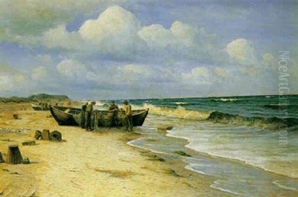 Fiskere Der Ordner Garn Pa Stranden Ved De Optrukne Bade - view 1