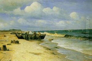 Fiskere Der Ordner Garn Pa Stranden Ved De Optrukne Bade Fiskere Der Ordner Garn Pa Stranden Ved De Optrukne Bade