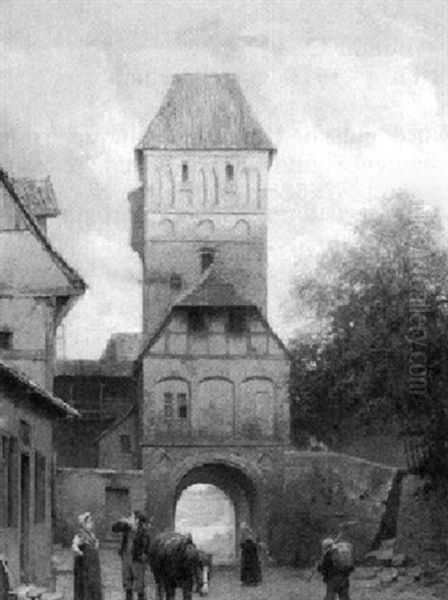 Strasenszene Vor Einem Mittelalterichen Stadttor In Norddeutschland - view 1