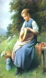 Bauernmadchen, Seinen Strohut Mit Blumen Schmuckend by Adolf Luben