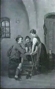 Schankmagd Mit Zwei Gasten In Der Wirtsstube by Adolf Luben