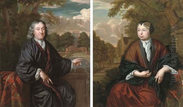 Portrait Of A Gentleman In A Dark Robe And A White Chemise, Seated On A Balcony, A Country House Beyond (+ Portrait Of A Lady In A Brown Robe, A White Chemise And A Black Wrap And Headdress; Pair) - view 1