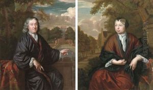 Portrait Of A Gentleman In A Dark Robe And A White Chemise, Seated On A Balcony, A Country House Beyond (+ Portrait Of A Lady In A Brown Robe, A White Chemise And A Black Wrap And Headdress; Pair)