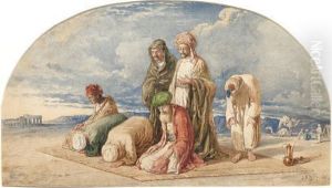 A Group Of Arabs At Prayer, With Distant Camels by Joseph-Austin Benwell