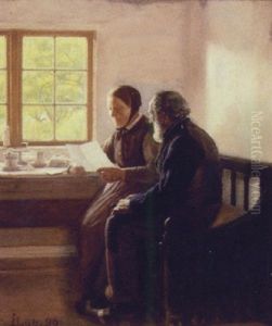 Bondestueinterior Med Mand Og Kone Der Laeser Et Brev
