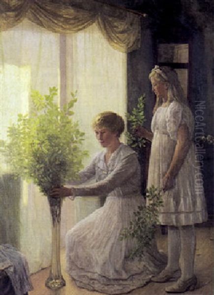 Interior Med Mor Og Datter, Der Saetter Blomster I Vand - view 1