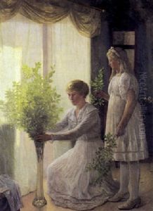 Interior Med Mor Og Datter, Der Saetter Blomster I Vand by John Leopold Luebschitz