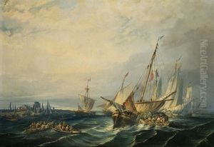 Vista Costera Con Veleros Y Pescadores