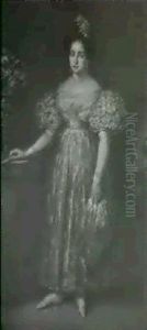 Portrait Of A Lady, Standing Full Length, Wearing A Pink    Dress With Lace Trim, Holding A Fan And A Handkerchief