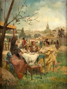 Un Dia De Fiesta En La Pradera De San Isidro Con La Ermita Al Fondo by Eugenio Lucas Villamil