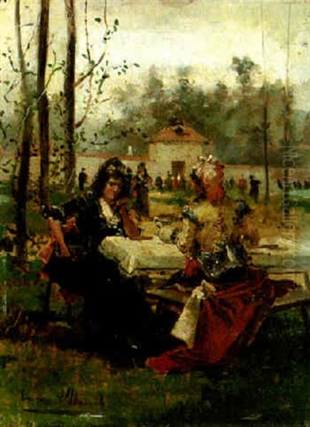 Elegant Figures Conversing At A Garden Party - view 1