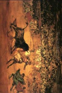 Picadors Drawing A Bull From A Gored Horse And Toreador by Eugenio Lucas Villamil