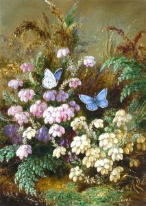 Cross Leaved Heath(er) White And Red, Lady Fern, Pair Of Azure Blue Butterflies by Albert Durer Lucas