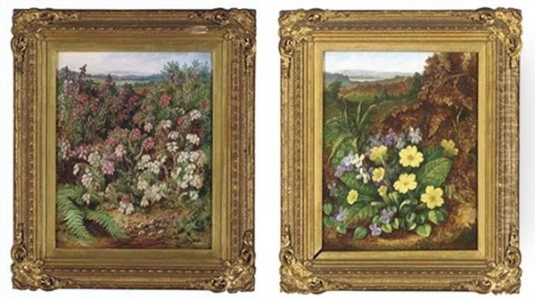 Violets And Primroses In A Hedge (+ Red And White Heather; Pair) - view 1