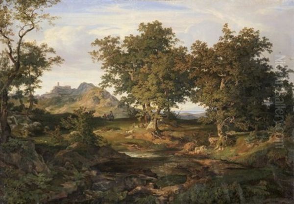Italienische Landschaft In Kustennahe. Im Sonnenschein Ein Rastender Ziegenhirt, Im Hintergrund Ein Felsendorf - view 1