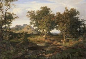 Italienische Landschaft In Kustennahe. Im Sonnenschein Ein Rastender Ziegenhirt, Im Hintergrund Ein Felsendorf