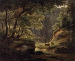 A Rocky Wooded Landscape With Deer Resting On A Bank by August Lucas