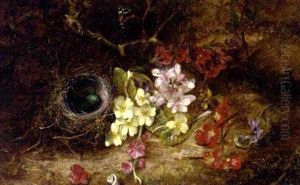 Pansies, Cherry-blossom, A Bird's Nest And A Red Admiral Butterfly On A Mossy Bank