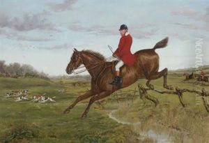 George Castleman On His Hunter Carlist, Jumping A Fence, With Hounds Of The Atherstone Hunt, Traitor, Purser And Somerset In The Distance by Henry Frederick Lucas-Lucas
