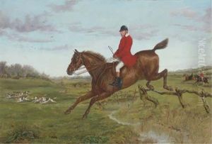George Castleman On His Hunter "carlist", Jumping A Fence, With Hounds Of The Atherstone Hunt, "traitor", "purser" And "somerset" In The Distance by Henry Frederick Lucas-Lucas