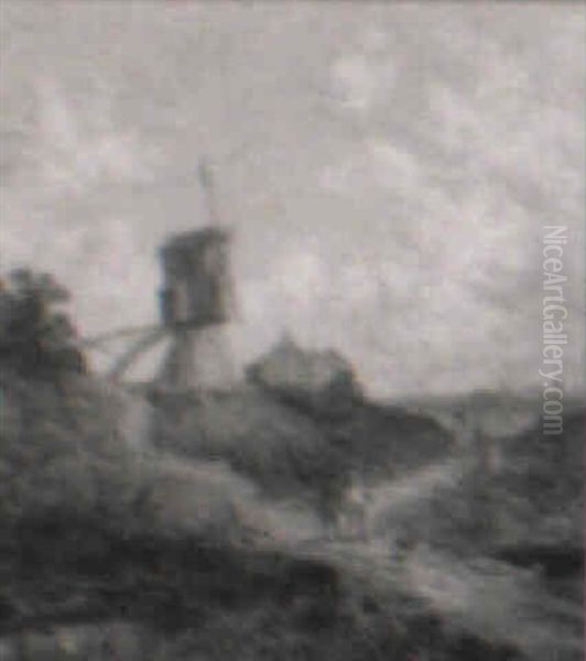 Country Folk Conversing On A Bridge, A Windmill And Town Beyond - view 1