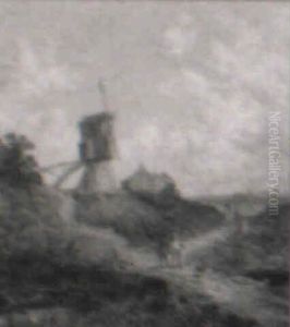 Country Folk Conversing On A Bridge, A Windmill And Town Beyond by Henry Frederick Lucas-Lucas