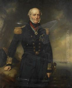 Portrait Of Admiral Sir George Seymour, Three-quarter-length, Standing Wearing Uniform, His Ship Beyond