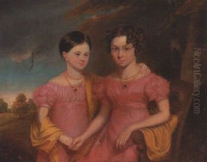 Portrait Of Two Sisters In Pink Dresses And Yellow Shawls, Seated On A Wooded Bench, In A Landscape by John Lindsay Lucas
