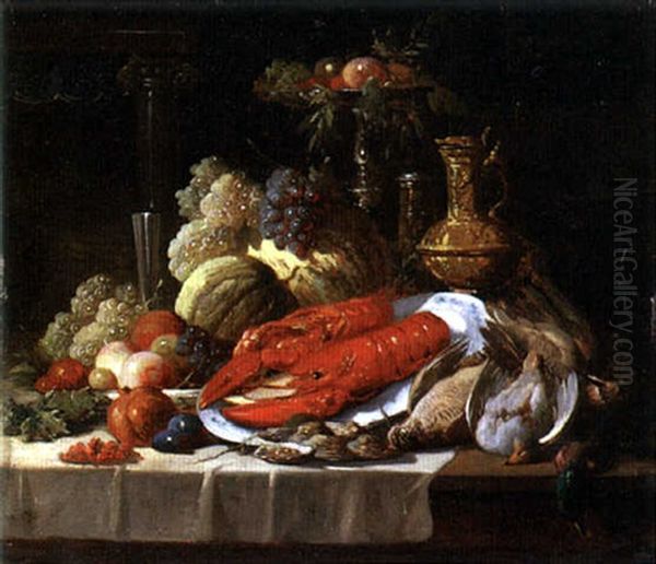 Still Life With Lobster, Oysters, Fruit And Fowl On A Draped Table - view 1