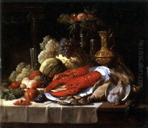 Still Life With Lobster, Oysters, Fruit And Fowl On A Draped Table by John Seymour Lucas