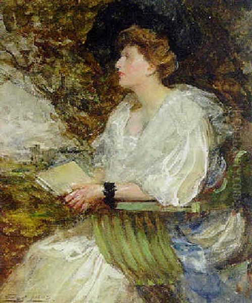 Portrait Of A Lady, Seated, In A White Dress, A Garden Beyond - view 1
