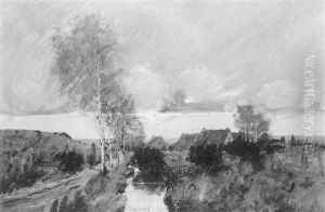 Moorlandschaft Mit Birken An Einem Wasserlauf Und Bauernhausern Moorlandschaft Mit Birken An Einem Wasserlauf Und Bauernhausern