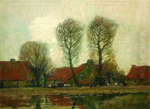 Herbstliche Landschaft Mit Bauernhausern An Einem Flus