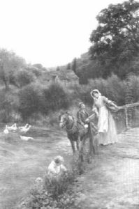 Pastoral Scene With A Woman, Child On A Horse, Ducks And A Baby On The Garden Path