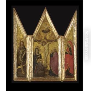 The Crucifixion With Saint Francis Of Assisi - Saint John The Baptist - Mary Magdalene (triptych) by Gregorio di Cecco da Lucca