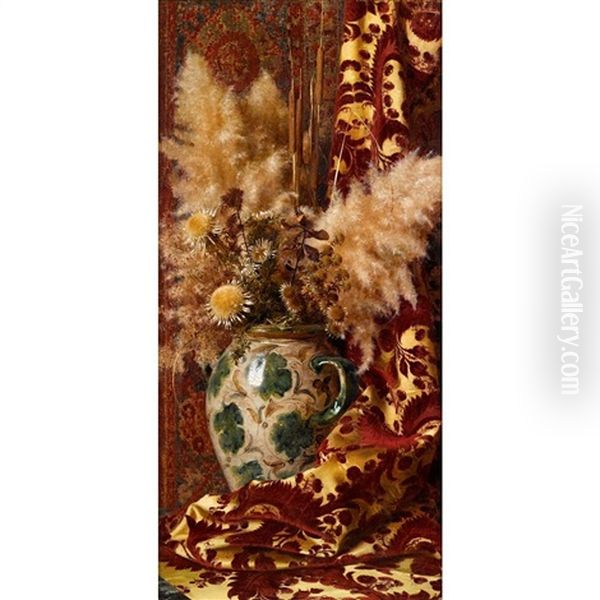 Still Life With Sunflowers In A Faience Vase And Damask Drapery - view 1
