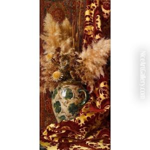 Still Life With Sunflowers In A Faience Vase And Damask Drapery by Giorgio Lucchesi