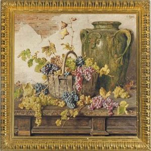 A Basket Of Grapes By An Amphor On A Wooden Table
