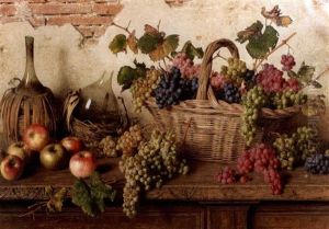 Still Life With Basket Of Grapes, Apples And Bottles On A Ledge by Giorgio Lucchesi