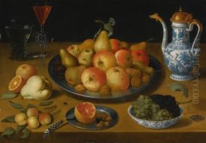 Still Life Of Pears And Apples On A Pewter Plate, A Bowl Of Grapes In A Blue And White Porcelain Bowl, A Roemer, A Facon-de-venise Wine Glass, A Covered Blue And White Porcelain Pitcher And Other Objects, All On A Table by Lucas Luce