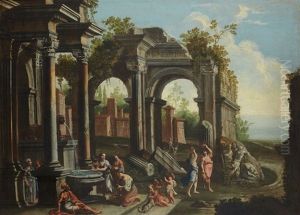 Personnages Pres D'une Fontaine Dans Un Palais Architecture (+ Personnages Pres D"une Statue Dans Un Palais Architecture; Pair) by Ascanio Luciani