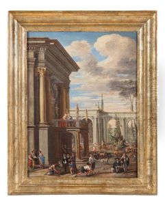 Capriccio Architettonico Con Scena Di Mercato by Ascanio Luciani