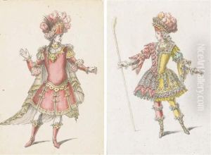 Projets De Costume De Theatre: Une Figure Tournee A Droite Portantun Chapeau A Plume; Et Une Figure Tournee A Gauche Tenant Unbaton by Jean I Berain