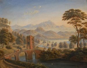 Alpine Landscape With Defence Tower On A Bridge by Christian Wilhelm Luedert